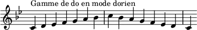 {
\override Score.TimeSignature #'stencil = ##f
\relative c' {
\key c \dorian
\clef treble \time 7/4
c4^\markup { Gamme de do en mode dorien } d es f g a bes c bes a g f es d c
} }