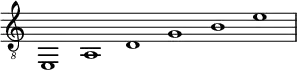\new Staff \with { midiInstrument = "acoustic guitar (nylon)" \remove "Time_signature_engraver"} {\time 6/1\clef "G_8" {e,1 a, d g b e'}}
\midi {
    \context {
      \Score
      tempoWholesPerMinute = #(ly:make-moment 100 2)
   }} 