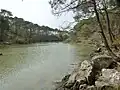 La ria du ruisseau du pont de Lohac en aval du moulin de Pomper vue depuis sa rive orientale (en Arradon).