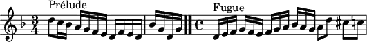 
\version "2.18.2"
\header {
  tagline = ##f
}

\score {
  \new Staff \with {

  }
<<
  \relative c'' {
    \key d \minor
    \time 3/4
	\set Staff.midiInstrument = #"harpsichord" 
    \override TupletBracket.bracket-visibility = ##f

     %% INCIPIT CBT II-6, BWV 875, ré mineur
     d8^\markup{Prélude} c16 bes a g f e d f e d | \once \override Staff.TimeSignature #'stencil = ##f \time 1/4 bes' g d g \bar ".."
     \time 4/4

 
     \omit TupletNumber \tuplet 3/2 { d16^\markup{Fugue}[ e f] } \tuplet 3/2 { g f e } \tuplet 3/2 { f[ g a] } \tuplet 3/2 { bes a g } a8 d cis[ c]

  }
>>
  \layout {
     \context { \Score \remove "Metronome_mark_engraver"
     \override SpacingSpanner.common-shortest-duration = #(ly:make-moment 1/2)
        }
  }
  \midi {}
}
