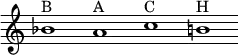 \version "2.18.2"
\new Staff {
\relative c'' {
\override Staff.TimeSignature #'stencil = ##f
\override Staff.BarLine #'stencil = ##f
bes1^B a^A c^C b!^H
}
}
\midi {
\context {
\Score
tempoWholesPerMinute = #(ly:make-moment 60 1)
}
}