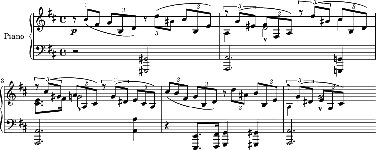\version "2.14.2"
\header {
tagline = ##f
}
upper = \relative c'' {
\clef treble
\key d \major
\time 4/4
\tempo 8 = 190
%\autoBeamOff
\override TupletBracket #'bracket-visibility = ##f
\times 2/3 { r8\p b( fis } \times 2/3 { g b, d) } \times 2/3 { r8 d'( ais } \times 2/3 { b b, e) }
<< { \times 2/3 { r8 a( eis } \times 2/3 { fis fis, a) } \times 2/3 { r8 d'( ais } \times 2/3 { b b, d) } } \\ { a4 d2-^ b'4 } >>
<< { \times 2/3 { r8 cis( gis } \times 2/3 { a a, cis) } \times 2/3 { r8 g'( dis } \times 2/3 { e cis a) } } \\ { < e' cis >8. fis16 g!2-^ } >>
\times 2/3 { cis8( b fis } \times 2/3 { g8 b, d) } \times 2/3 { r8 d'8 ais b } \times 2/3 { b,8 e) }
<< { \times 2/3 { r8 g8( dis } \times 2/3 { e g, cis) } } \\ {a4 g'2-^ } >>
}
lower = \relative c {
\clef bass
\key d \major
\time 4/4
r2 < gis gis, >2 < a a, >2. < g! g,! >4 < a a, >2. < a' a, >4 r4 < e, e, >8. < fis fis, >16 < g g, >4 < gis gis, > < a a,>2.
}
\score {
\new PianoStaff <<
\set PianoStaff.instrumentName = #"Piano"
\new Staff = "upper" \upper
\new Staff = "lower" \lower
>>
\layout {
\context {
\Score
\remove "Metronome_mark_engraver"
}
}
\midi { }
}
