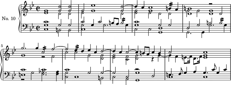 
\version "2.18.2"
\header {
  tagline = ##f
}

Mordbblanche = { \tag #'print { b2:16 } \tag #'midi { b16 a b4. } } 
Mordbnoire = { \tag #'print { b4:16 } \tag #'midi { b32 a b8. } }
Mordcblanche = { \tag #'print { c,2:16 } \tag #'midi { c16 bes c4. } }
Mordenoire = { \tag #'print { ees4:16 } \tag #'midi { ees32 d ees8. } }
Mordecrochept = { \tag #'print { e8. } \tag #'midi { e32 d e8 } }

upper = \relative c'' {
  \clef treble 
  \key bes \major
  \time 4/2
  \set Staff.timeSignatureFraction = 2/2
  \autoBeamOff
  \tempo 2 = 55
  \set Staff.midiInstrument = #"harpsichord"

    << { g1 << d'2 g, >> << d'2 g, >> } \\ { ees1 d2 d } >>
    << { g2 ees'1 << d2~ g, >> } \\ { ees2 g1 d2 } >>
    << { d'4 c << c1 g1 >> \Mordbnoire a4 } \\ { << g2 ees2 >> ees2 d2 d } >>
    << { << b'1 d,1 >> r2 d2 } \\ { g2 g2 << g1 d1 >> } >>
    << { g'2. g4 \Mordcblanche f2~ } \\ { g,1 r2 f } >>
    << { f'2 \Mordenoire d4 ees c d2~ } \\ { c2 c g << g d >> } >>
    << { d'4 c c2~ c4 b8 a c4 b } \\ { << g2 ees2 >> << f2 c >> << g' d >> r4 g4~ }  >>
    << { c2 s2 << c1 g1 >> } \\ { g4 f \Mordecrochept f16 d8. f16 e1 } >>
}

lower = \relative c {
  \clef bass
  \key bes \major
  \time 4/2
  \set Staff.timeSignatureFraction = 2/2
  \set Staff.midiInstrument = #"harpsichord"

    << { << c'1 g >> g2 g } \\ { c,1 b2 b } >> 
    << { c'2 g4 c2 b8 a \Mordbblanche } \\ { << g2 c,1 >> g'2. g4 } >> 
    << { << c1 g >> g2 g } \\ { c,2 c << d1 g, >> } >> 
    << { d'2 g b \Mordbblanche } \\ { g,2. g4 g'2. g4 } >>
    << { c1 c } \\ { r2 g << aes2. f2. >> << aes4 f4 >> } \\ { e1 } >>
    << { c'1 g2 g~ } \\ { << g2 c, >> c1 b2 } >> 
    << { g'2 c, g'1 }  \\ { c,2 a g1 } \\ { s1 r2 d'2 } >> 
    << { e4. f8 g4 a g4. c8 g4 c4 } \\ { c,1 c1 } >>

}

thePianoStaff = \new PianoStaff <<
  \set PianoStaff.instrumentName = #"No. 10"
  \new Staff = "upper" \upper
  \new Staff = "lower" \lower
>>

\score {
  \keepWithTag #'print \thePianoStaff
  \layout {
    \context {
      \Score
      \remove "Metronome_mark_engraver"
    }
  }
}

\score {
  \keepWithTag #'midi \thePianoStaff
  \midi { }
}
