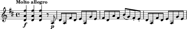 
\relative c' {
  \version "2.18.2"
  \key d \major
  \tempo "Molto allegro"
  \tempo 4 = 140
  <d a' fis'>4\f q q r8 a\p |
  d8 a fis' d e a, g' e |
  fis8 d a' fis b( g) fis-. e-. |
  d8 a fis' d e a, g' e |
}
