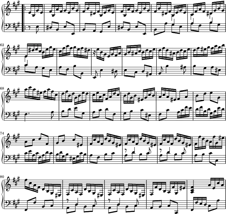 \version "2.18.2"
\header {
tagline = ##f
% composer = "Paradisi"
% opus = ""
% meter = "Allegro"
}
%% les petites notes
%trillBesp = { \tag #'print { bes4.\prall } \tag #'midi { c32 bes c bes~ bes4 } }
upper = \relative c'' {
\clef treble
\key a \major
\time 2/4
\tempo 4 = 122
\set Staff.midiInstrument = #"harpsichord"
\override TupletBracket.bracket-visibility = ##f
\set Score.currentBarNumber = #57
\omit Staff.TimeSignature
\bar "" \bar ".|:"
\partial 4 e,16 b gis' e | fis b, a' fis gis e b' gis | fis b dis, fis b, e gis e | fis b, a' fis gis e b' gis | fis b dis, fis << { b, e gis e } \\ { b4 } >>
% ms. 62
<< { cis16 fis a fis dis gis b gis | e dis' e cis } \\ { cis,4 dis | e } >> b'16 e gis e | cis fis a fis gis e fis dis | r16 e16 b gis e gis fis a |
% ms. 66
gis16 b ais cis b d cis e | d fis d ais b d cis e | d fis eis gis fis a gis b | a cis a eis fis a fis cis |
% ms. 70
d fis b, d gis, b e d | cis e a, cis fis, a d cis | b d gis, b eis, gis cis b | a cis a eis fis8 a |
% ms. 74
b8 d e gis, | a cis d fis, | gis b cis eis, | fis16 cis' a fis d' b gis eis |
% ms. 78
\repeat unfold 2 { fis16 cis' a fis d' b gis eis } | fis fis' d b a fis' gis, eis' | fis cis a fis d b gis eis |
% ms. 82
\repeat unfold 2 { fis16 cis' a fis d' b gis eis } | fis fis' d b a fis' gis, eis' | < a, cis fis >4 a'16 e cis' a |
}
lower = \relative c' {
\clef bass
\key a \major
\time 2/4
\omit Staff.TimeSignature
\set Staff.midiInstrument = #"harpsichord"
\override TupletBracket.bracket-visibility = ##f
% **************************************
r8 e,8 | dis b e e, | b' a gis e' | dis b e e, | b' a' << { gis4 } \\ { gis8 e } >>
% ms. 62
<< { a4 b | cis } \\ { a8 fis b gis | cis a } >> gis8 e | a fis b b, | e,8 e'4 dis8 |
% ms. 66
e8 cis d ais | b b'4 ais8 | b gis a eis | fis4. a8 |
% ms. 70
b8 d e gis, | a cis d fis, | gis b cis eis, | fis cis' a16 cis fis e |
% ms. 74
d16 fis b, d gis, b e d | cis e a, cis fis, a d cis | b d gis, b eis, gis cis b | a8 fis b cis |
% ms. 78
\repeat unfold 2 { << { r8 d4 cis8 } \\ { a8 d b cis } >> } | a8 b cis cis, | fis, fis' b, cis |
% ms. 82
\repeat unfold 2 { << { r8 d4 cis8 } \\ { a8 d b cis } >> } | a8 b cis cis, | fis16 fis' e d cis8 a' |
}
thePianoStaff = \new PianoStaff <<
\set PianoStaff.instrumentName = #""
\new Staff = "upper" \upper
\new Staff = "lower" \lower
>>
\score {
\keepWithTag #'print \thePianoStaff
\layout {
indent = #0
#(layout-set-staff-size 17)
\context {
\Score
\override SpacingSpanner.common-shortest-duration = #(ly:make-moment 1/2)
\remove "Metronome_mark_engraver"
}
}
}
\score {
\keepWithTag #'midi \thePianoStaff
\midi { }
}