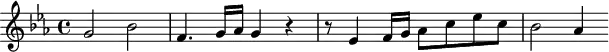 \header {
tagline = ##f
}
\score {
\new Staff \with {
}
<<
\relative c'' {
\key ees \major
\time 4/4
\tempo 4 = 80
\override TupletBracket #'bracket-visibility = ##f
%\autoBeamOff
\set Staff.midiInstrument = #"string ensemble 1"
%%%%%%%%%%%%%%%%%%%%%%%%%% AB 3-2 th1
g2 bes f4. g16 aes g4 r4 r8 ees4 f16 g aes8 c ees c bes2 aes4
}
>>
\layout {
\context { \Score \remove "Metronome_mark_engraver"
}
}
\midi {}
}