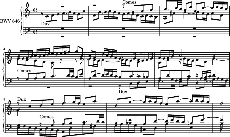 \version "2.18.2"
\header {
tagline = ##f
}
DuxNotes = { r8 c8 d e f8. g32 f e8 a d, g~ g16 a g f }
Dux = { s8*0-\markup{Dux} \DuxNotes }
Comes = { s8*0-\markup{Comes} \transpose c g \relative { \DuxNotes } }
upper = \relative c' {
\clef treble
\key c \major
\time 4/4
\tempo 4 = 58 % tempo de Keller
\set Staff.midiInstrument = #"harpsichord"
%% FUGUE CBT I-1, BWV 846, ut majeur
<< { R1 r2 \transpose c c' { \Comes } b'16 g a b c b c d e d e fis g8 b, | c a d16 c b a g8. g16 f e f g | a g a b c2 b4 | \Dux e8 a~ a16 b a g | f2*1/4 } \\ { \relative c' { \Dux e16 f e d c d c b | a8 fis' g4~ g8 fis16 e fis8 d | g f e d c r8 r8 g'8~ g f16 e f4~ f16 f e8 d4 | c8 f r16 g16 f e f8 d g4~ | g } } >>
}
lower = \relative c {
\clef bass
\key c \major
\time 4/4
\set Staff.midiInstrument = #"harpsichord"
<< { R1*3 \Comes b'8 c~ c bes | a d g, c r16 a16 b c d4 | g, \Comes b8 e~ e4*1/2 } \\ { R1*4 r2 \relative c { \Dux e16 f e d c d c b a8 d a' fis | g16 a bes g cis,8 d a'4 e | a16 } } >>
}
\score {
\new PianoStaff <<
\set PianoStaff.instrumentName = #"BWV 846"
\new Staff = "upper" \upper
\new Staff = "lower" \lower
>>
\layout {
\context {
\Score
\remove "Metronome_mark_engraver"
\override SpacingSpanner.common-shortest-duration = #(ly:make-moment 1/2)
}
}
\midi { }
}