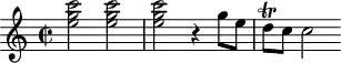 
\header {
  tagline = ##f
}

\score {
  \new Staff \with {

  }
<<
  \relative c'' {
    \key c \major
    \time 2/2
    \override TupletBracket #'bracket-visibility = ##f 
    \autoBeamOff

     %%%%%%%%%%%%%%%%%%%%%%%%%% K19d
    \repeat unfold 3 { < c' g e >2 } r4 g8[ e] d\trill[ c] c2

  }
>>
  \layout {
    \context {
      \remove "Metronome_mark_engraver"
    }
  }
  \midi {}
}
