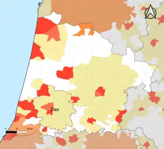 Localisation de l'aire d'attraction de Dax dans le département des Landes.