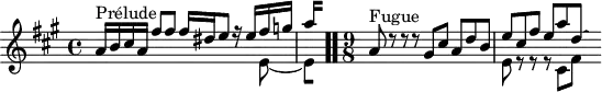 
\version "2.18.2"
\header { 
  tagline = ##f
}

\score {
  \new Staff \with {

  }
<<
  \relative c'' {
    \key a \major
    \time 4/4

     %% INCIPIT CBT I-5, BWV 850, ré majeur
     << { s4*0^\markup{Prélude} a16 b cis a fis'8 fis fis16 dis e8 r16 e fis g | \once \override Staff.TimeSignature #'stencil = ##f \time 1/8
{ 
 % suppression des warnings :
 #(ly:set-option 'warning-as-error #f)
 #(ly:expect-warning (_ "stem does not fit in beam")) %% <= à traduire éventuellement
 #(ly:expect-warning (_ "beam was started here")) %% <= à traduire éventuellement
  \set stemRightBeamCount = #2
  a4*1/4[ s]
} } \\ { s2 s4. e,8~ 
{ 
 % suppression des warnings :
 #(ly:set-option 'warning-as-error #f)
 #(ly:expect-warning (_ "stem does not fit in beam")) %% <= à traduire éventuellement
 #(ly:expect-warning (_ "beam was started here")) %% <= à traduire éventuellement
  \set stemRightBeamCount = #1
  e4*1/4[ s]
} } >> \bar ".."

    \time 9/8
     << { s4*0^\markup{Fugue} a8 d8\rest d8\rest d8\rest gis,8 cis a d b e cis fis e a d,~ \hideNotes d } \\ { s4.*3 e,8 r8 r8 r8 cis8 fis } >>

  }
>>
  \layout {
     \context { \Score \remove "Metronome_mark_engraver" 
     \override SpacingSpanner.common-shortest-duration = #(ly:make-moment 1/2) 
}
  }
  \midi {}
}
