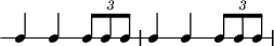 
\header {
  tagline = ##f
}

\score {
  \new RhythmicStaff {
    \time 3/4
    \numericTimeSignature
    \omit Staff.TimeSignature

   c4 c \times 2/3 { c8 c c } c4 c \times 2/3 { c8 c c }

  }
  \layout {
   % indent = #0
  }
  \midi {}
}
