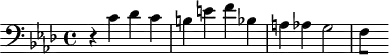 
\version "2.18.2"
\header {
  tagline = ##f
}

\score {
  \new Staff \with {

  }
<<
  \relative c' {
    \clef bass
    \key f \minor
    \time 4/4

     %% SUJET fugue CBT I-12, BWV 857, fa mineur
     r4 c4 des c b e f bes, a aes g2
{ 
 % suppression des warnings :
 #(ly:set-option 'warning-as-error #f)
 #(ly:expect-warning (_ "stem does not fit in beam")) %% <= à traduire éventuellement
 #(ly:expect-warning (_ "beam was started here")) %% <= à traduire éventuellement
  \set stemRightBeamCount = #1
  f4*1/2[ s]
}

  }
>>
  \layout {
     \context { \Score \remove "Metronome_mark_engraver" 
     %\override SpacingSpanner.common-shortest-duration = #(ly:make-moment 1/2) 
}
  }
  \midi {} 
}
