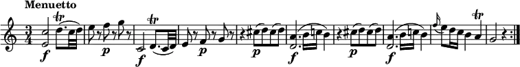 
\relative c'' {
    \version "2.18.2"
    \key c \major
    \time 3/4
    \tempo "Menuetto"
   <e, c'>2\f d'8. \trill (c32 d)
   e8  r8 f \p r8 g r8
   c,,2\f d8.  \trill (c32 d)
   e8 r8 f\p r8 g r8
   r4 cis8 \p (d) cis (d)
   << {d,2.} {a'4.\f (b16 c! b4)}>>
   r4 cis8 \p (d) cis (d)
   << {d,2.} {a'4.\f (b16 c! b4)}>>
   \grace f'16 (e8) d16 c b4 a\trill
   g2 r4 \bar ":|."
  }
