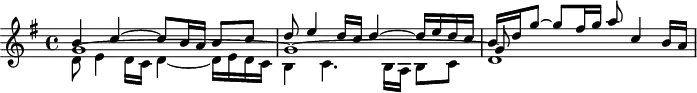 \version "2.18.2"
\header {
tagline = ##f
}
\score {
\new Staff \with {
}
<<
\relative c'' {
\clef treble
\key g \major
\time 4/4
\tempo 4 = 72
\set Staff.midiInstrument = #"harpsichord"
%% Prélude, BWV 902, sol majeur
<< { b4 c~ c8 b16 a b8 c d e4 d16 c d4~ d16 e d c b d g8~ g fis16 g a8 c,4 b16 a } \\ { d,8 e4 d16 c d4~ d16 e d c b4 c4. b16 a b8 c d1 } \\ { g1~ g~ g8 } >>
}
>>
\layout {
\context { \Score \remove "Metronome_mark_engraver"
}
}
\midi {}
}