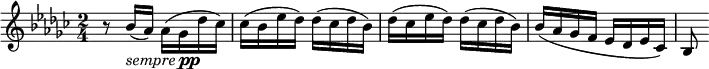 <<
\relative c'' {
\version "2.18.2"
\key ges \major
\time 2/4
\tempo ""
r8 bes16(_\markup { \italic sempre \dynamic pp } aes) aes( ges des' ces)
ces( bes es des) des( ces des bes)
des( ces es des) des( ces des bes)
bes( aes ges f es des es ces)
bes8
}
>>