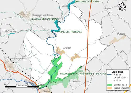 Carte des ZNIEFF de type 1 localisées dans la commune.