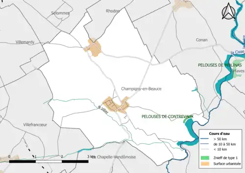 Carte des ZNIEFF de type 1 localisées dans la commune.
