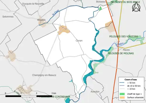 Carte des ZNIEFF de type 1 localisées dans la commune.