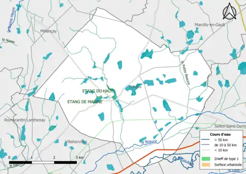 Carte des ZNIEFF de type 1 localisées dans la commune.