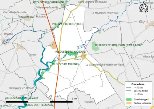 Carte des ZNIEFF de type 1 localisées dans la commune.
