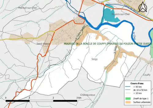 Carte des ZNIEFF de type 1 localisées dans la commune.