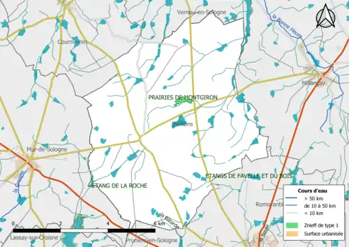 Carte des ZNIEFF de type 1 localisées dans la commune.