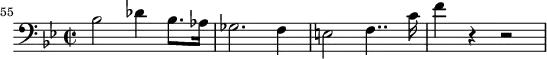\header {
tagline = ##f
}
\score {
\new Staff \with {
}
<<
\relative c' {
\key bes \major
\time 2/2
\tempo 2 = 80
\override TupletBracket #'bracket-visibility = ##f
%\autoBeamOff
\set Score.currentBarNumber = #55
\set Staff.midiInstrument = #"French horn"
\bar ""
%%% AB 5-1 th1
\clef bass bes2 des4 bes8. aes16 ges2. f4 e!2 f4.. c'16 f4 r4 r2
}
>>
\layout {
\context { \Score \remove "Metronome_mark_engraver"
}
}
\midi {}
}