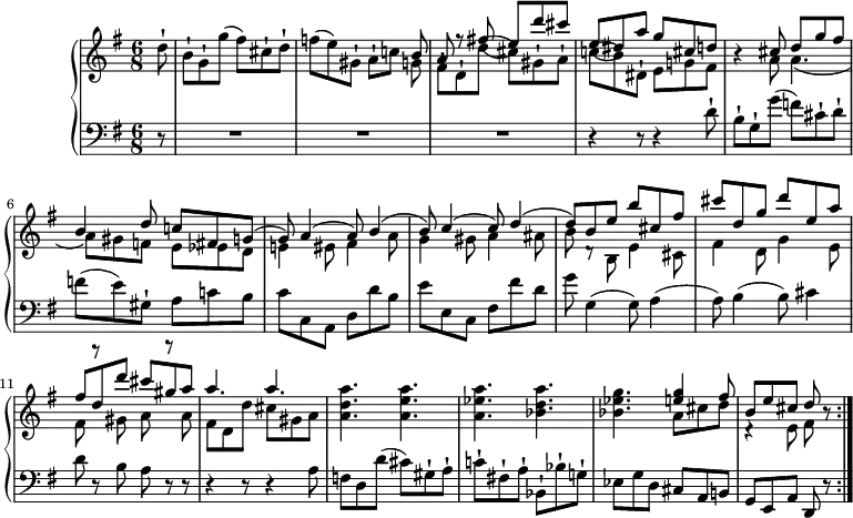 \header {
tagline = ##f
}
upper = \relative c'' {
\version "2.18.2"
\clef "treble"
\tempo "Allegro"
\key g \major
\time 6/8
\tempo 4 = 100
\partial 8 d8-!
b-! g-! g' (fis) cis-! d-!
f! (e) gis,-! a-! c!
<<{\stemDown g8 fis-! d-! d' (cis) gis-! a-!}
\\ { \stemUp b8 a f'8\rest fis! (e) d' cis}>>
<<{\stemDown c,!8 (b) dis,-! e g! fis}
\\ { \stemUp e'8 (dis) a' g cis, d}>> r4
<<{\stemDown a8 a4. _ (a8) gis! f e ees d e!4 eis8 fis4 a8 g4 gis8 a4 ais8 b8}
\\ { \stemUp cis8 d g fis b,4 d8 c! fis,! g ^(g) a4 ^(a8) b4 ^(b8) c4 ^(c8) d4 ^(d8)}>>
<<{\stemDown d,8\rest b8 e4 cis8}
\\ { \stemUp b'8 e b' cis, fis}>>
<<{\stemDown fis,4 d8 g4 e8 fis8 r gis a r a}
\\ { \stemUp cis'8 d, g d' e, a fis d d' cis gis a}>>
<<{\stemDown fis,8 d d' cis gis a}
\\ { \stemUp a'4. a4.}>>
<a, d a'>4. <a e' a> <a ees' a> <bes d a'>
<bes ees g> <<{\stemDown a8 cis d d,4\rest e8 fis}
\\ { \stemUp <e' g>4 fis8 b, e cis d}>> r8 \bar ":|."
}
lower = \relative c {
\clef "bass"
\key g \major
\time 6/8
\partial 8 r8 R1*6/8*3 r4 r8 r4 d'8-!
b-! g-! g' (f) cis-! d-! f (e) gis,-! a c! b
c c, a d d' b
e e, c fis fis' d
g g,4 (g8) a4 (a8)
b4 (b8) cis4
d8 r b a r8 r r4 r8 r4 a8
f! d d' (cis) gis-! a-!
c!-! fis,!-! a-! bes,-! bes'-! g!-!
ees g d cis a b! g e a d, r \bar ":|."
}
\score {
\new PianoStaff <<
\new Staff = "upper" \upper
\new Staff = "lower" \lower
>>
\layout {
\context {
\Score
\remove "Metronome_mark_engraver"
}
}
\midi { }
}