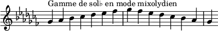 {
\override Score.TimeSignature #'stencil = ##f
\relative c'' {
\key ges \mixolydian
\clef treble \time 7/4
ges4^\markup { Gamme de sol♭ en mode mixolydien } aes bes ces des es fes ges fes es des ces bes aes ges
} }
