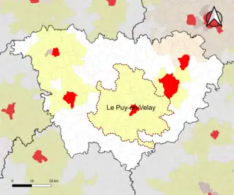 Localisation de l'aire d'attraction du Puy-en-Velay dans le département de la Haute-Loire.