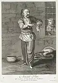 Amant turc qui se perce le bras devant sa maîtresse pour prouver son amour, 1707, gravure de Scotin.