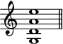 
\header {
  tagline = ##f
}

\score {
  \new Staff \with {
    \remove "Time_signature_engraver"
  }
  \relative c'' {
    \key c \major
    \time 9/1
    \tempo 1 = 60
    \autoBeamOff
    \clef treble
    \override Rest #'style = #'classical

      << g,1 d' a' e' >>

    \bar "||"
  }
  \layout {
    \context {
      \Score
      \remove "Metronome_mark_engraver"
    }
  }
  \midi {}
}
