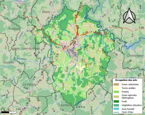Carte en couleurs des infrastructures et de l'occupation des sols de la commune.
