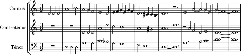 \version "2.18.2"
\header {
tagline = ##f
}
global= {
\time 3/2
\key c \major
}
Cantus = \new Voice \relative c' {
\set Staff.instrumentName = #"Cantus"
\set Staff.midiInstrument = #"piccolo" %orchestral harp"
\tempo 2 = 120
d2 d d a'1 bes2 a g f e1 d2 e4 f g e g f d2. cis4 cis b d1. r1. |
e1 a2~ a g e g fis1~ fis1.
%\addlyrics { Ver- ge- ne bel- la che_ di sol ve- sti----- ta co--- ro- na- ta-- } % impossible de mettre le texte pour l'instant...
}
Contretenor = \new Voice \relative c' {
\set Staff.instrumentName = #"Contreténor"
\clef treble
\set Staff.midiInstrument = #"orchestral harp" %recorder"
R1.*2 d2 d d a'1 d2 c b1 a gis2 a1. d |
r2 a2 f d e1 d1.~ d
}
Tenor = \new Voice \relative c {
\set Staff.instrumentName = #"Ténor"
\clef bass
\set Staff.midiInstrument = #"dulcimer"
R1. d2 d d a'1 a2 c1 bes2 a g1 f2 e1 d1.~ d |
a'1. b2 c1 d1.~ d
}
\score {
\new StaffGroup <<
\new Staff << \global \Cantus >>
\new Staff << \global \Contretenor >>
\new Staff << \global \Tenor >>
>>
\layout {
\context {
\Score
\remove "Metronome_mark_engraver"
\override SpacingSpanner.common-shortest-duration = #(ly:make-moment 1/2)
}
}
\midi { }
}