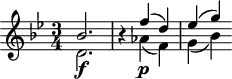 
\header {
  tagline = ##f
}

\score {
  \new Staff \with {

  }
<<
  \relative c'' {
    \key bes \major
    \time 3/4
    \override TupletBracket #'bracket-visibility = ##f 
    \autoBeamOff

     %%%%%%%%%%%%%%%%%%%%%%%%%% K45b
    << { bes2. } \\ { d,2.\f } >>
    r4
    << { f'4( d) ees( g) } \\ { aes,4\p( f) g( bes) } >>

  }
>>
  \layout {
    \context {
      \remove "Metronome_mark_engraver"
    }
  }
  \midi {}
}
