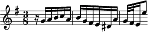 
\version "2.18.2"
\header {
  tagline = ##f
}

\score {
  \new Staff \with {

  }
<<
  \relative c'' {
    \key e \minor
    \time 3/8
    \override TupletBracket.bracket-visibility = ##f

     %% INCIPIT CBT II-10, BWV 879, mi mineur
      r16 g a b c a b g fis e dis a' | g32[ fis e16 e'8] 
  }
>>
  \layout {
     \context { \Score \remove "Metronome_mark_engraver" \override SpacingSpanner.common-shortest-duration =
        #(ly:make-moment 1/2) }
  }
  \midi {}
}
