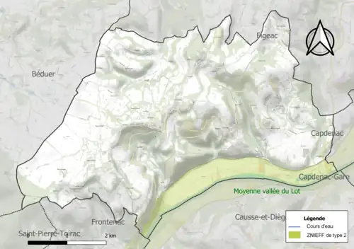 Carte de la ZNIEFF de type 2 dans la commune.