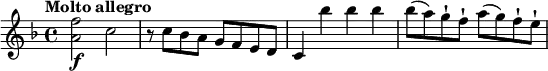 \relative c''{
\version "2.18.2"
\key f \major
\tempo "Molto allegro"
\time 4/4
<a f'>2\f c
r8 c bes a g f e d
c4 bes'' bes bes
bes8 (a) g-! f-! a (g) f-! e-!
}