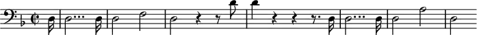 \header {
tagline = ##f
}
\score {
\new Staff \with {
}
<<
\relative c {
\clef treble
\key f \major
\time 2/2
\tempo 2 = 55
\override TupletBracket #'bracket-visibility = ##f
%\autoBeamOff
\set Staff.midiInstrument = #"string ensemble 1"
%%%%%%%%%%%%%%%%%%%%%%%%%% AB 9-1 intro
\partial 16 \clef bass d16 d2... d16 d2 f d r4 r8 d'8 d4 r4 r4 r8. d,16 d2... d16 d2 a' d,
}
>>
\layout {
\context { \Score \remove "Metronome_mark_engraver"
}
}
\midi {}
}