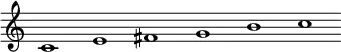 \relative c' {\override Score.BarLine.stencil = ##f \override Score.TimeSignature.stencil = ##f c1 e fis g b c}