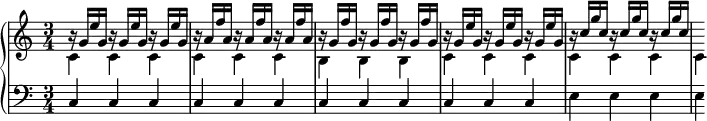 \version "2.18.2"
\header {
tagline = ##f
}
upper = \relative c'' {
\clef treble
\key c \major
\time 3/4
\tempo 4 = 62
\set Staff.midiInstrument = #"harpsichord"
%% Fischer
<< { \repeat unfold 3 { b16\rest g16 e' g, }
\repeat unfold 3 { b16\rest a16 f' a, }
\repeat unfold 3 { b16\rest g16 f' g, }
\repeat unfold 3 { b16\rest g16 e' g, }
\repeat unfold 3 { b16\rest c16 g' c, }
} \\ { \repeat unfold 6 { c,4 } \repeat unfold 3 { b } \repeat unfold 7 { c } } >>
}
lower = \relative c {
\clef bass
\key c \major
\time 3/4
\set Staff.midiInstrument = #"harpsichord"
\repeat unfold 12 { c4 } \repeat unfold 4 { e }
}
\score {
\new PianoStaff <<
\set PianoStaff.instrumentName = #""
\new Staff = "upper" \upper
\new Staff = "lower" \lower
>>
\layout {
\context {
\Score
\remove "Metronome_mark_engraver"
\override SpacingSpanner.common-shortest-duration = #(ly:make-moment 1/2)
}
}
\midi { }
}