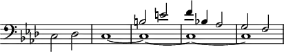 \version "2.18.2"
\header {
tagline = ##f
}
\score {
\new Staff \with {
\remove "Time_signature_engraver"
}
<<
\relative c' {
\clef bass
\key f \minor
\time 4/4
\tempo 4 = 56
%% PRÉLUDE CBT I-12, BWV 857, fa mineur — Coda
<< { s1*2 b2 e f4 bes,! aes2 g f } \\ { c2 des c1~ c~ c~ c } >>
}
>>
\layout {
\context { \Score \remove "Metronome_mark_engraver"
%\override SpacingSpanner.common-shortest-duration = #(ly:make-moment 1/2)
}
}
\midi {}
}