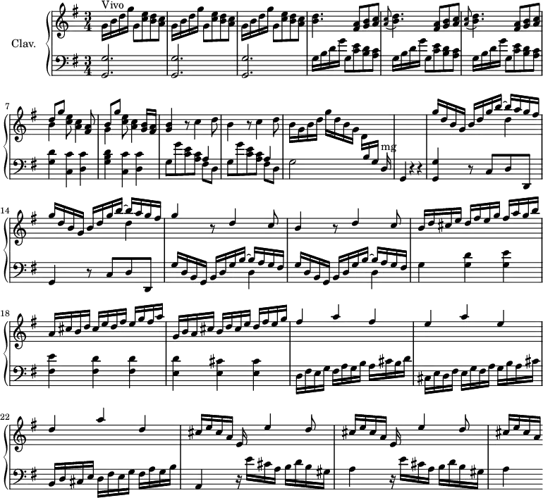 
\version "2.18.2"
\header {
  tagline = ##f
}

%% les petites notes
trillFp     = { \tag #'print { f4.\prall } \tag #'midi { g32 f g f~ f4 } }

% \times 2/3 {
upper = \relative c'' {
  \clef treble 
  \key g \major
  \time 3/4
  \tempo 4 = 92
  \set Staff.midiInstrument = #"harpsichord"

     s8*0^\markup{Vivo}
     \repeat unfold 3 { g16 b d g g,8 < c e > < b d > < a c > } | < b d >4. < fis a >8 < g b > < a c > |
     % ms. 5
     \repeat unfold 2 { \appoggiatura < a c >8 < b d >4. < fis a >8 < g b > < a c > } | << { d8[ g] } \\ { b,4 } >> < c e >8 < a c >4 < fis a >8 | << { b8[ g'] } \\ { g,4 } >> < c e >8 < a c >4 < g b >16 < fis a > |
     % ms. 9
     < g b >4 r8 c4 d8 | b4 r8 c4 d8 | b16 g b d g d b g \stemDown d[ \stemUp \change Staff = "lower" b g] d16^\markup{mg} | s2. \change Staff = "upper"
     % ms. 13
     \repeat unfold 2 { << { g''16 d b g b d g b~ b a g fis } \\ { s2 d4 } >> } | g4 r8 d4 c8 | b4 r8 d4 c8 |
     % ms. 17
     b16 d cis e d fis e g fis a g b | a, cis b d cis e d fis e g fis a | g, b a cis b d cis e d fis e g | fis4 a fis |
     % ms. 21
     e4 a e  | d a' d, | \repeat unfold 2 { cis16 e cis a e s16 e'4  d8 } |
     % ms. 25
     cis16 e cis a

}
 
lower = \relative c' {
  \clef bass
  \key g \major
  \time 3/4
  \set Staff.midiInstrument = #"harpsichord"

    % **************************************
     < g, g' >2. q q | \repeat unfold 3 { g'16 b d g g,8 < c e > < b d > < a c > } |
     % ms. 7
     < g d' >4 < c, c' > < d c' > | < g b d >  < c, c' > < d c' > |
     % ms. 9
     \repeat unfold 2 { g8 g' < c, e > < a c > << { a4 } \\ { fis8 d } >> } | g2 s4 | g,4 r4 r4 |
     % m. 13
     < g g' >4 r8 c8 d d, | g4 r8 c8 d d, | \repeat unfold 2 { << { g'16 d b g b d g b~ b a g fis } \\ { s2 d4 } >> } |
     % ms. 17
     g4 < g d' > < g e' > | < fis e' > < fis d' > q | < e d' > < e cis' > q | d16 fis e g fis a g b a cis b d |
     % ms. 21
     cis, e d16 fis e g fis a g b a cis | b, d cis e d16 fis e g fis a g b | a,4 \repeat unfold 2 { r16 e''16 cis a b d b gis a4 } |
     % ms. 25
     

} 

thePianoStaff = \new PianoStaff <<
    \set PianoStaff.instrumentName = #"Clav."
    \new Staff = "upper" \upper
    \new Staff = "lower" \lower
  >>

\score {
  \keepWithTag #'print \thePianoStaff
  \layout {
      #(layout-set-staff-size 17)
    \context {
      \Score
     \override SpacingSpanner.common-shortest-duration = #(ly:make-moment 1/2)
      \remove "Metronome_mark_engraver"
    }
  }
}

\score {
  \keepWithTag #'midi \thePianoStaff
  \midi { }
}
