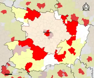 Localisation de l'aire d'attraction d'Angers dans le département de Maine-et-Loire.