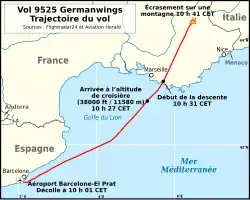 Carte du sud-est de la France indiquant une ligne rouge et différents points de repère.