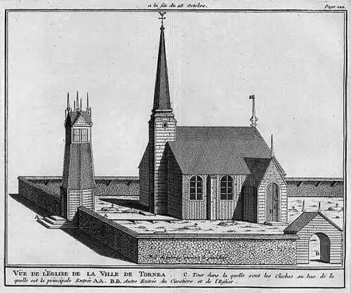 L'église de Tornea, repère géodésique méridional de la triangulation.