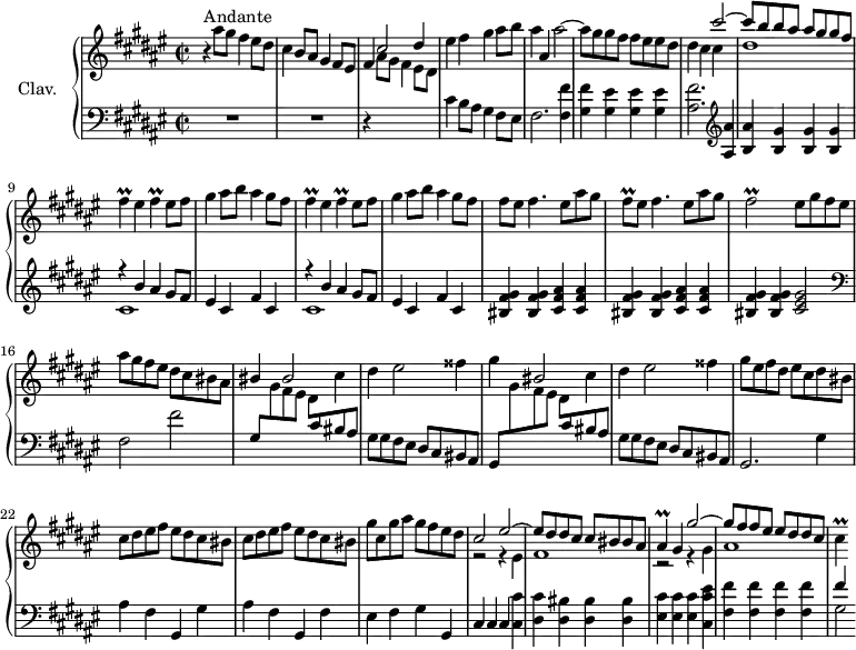 \version "2.18.2"
\header {
tagline = ##f
}
%% les petites notes
trillFis = { \tag #'print { fis4\prall } \tag #'midi { gis32 fis gis fis~ fis8 } }
trillFisL = { \tag #'print { fis2\prall } \tag #'midi { gis32 fis gis fis~ fis8~ fis4 } }
trillFisq = { \tag #'print { fis8\prall } \tag #'midi { gis32 fis gis fis } }
trillAis = { \tag #'print { ais4\prall } \tag #'midi { bis32 ais bis ais~ ais8~ } }
trillCis = { \tag #'print { cis4\prall } \tag #'midi { dis32 cis dis cis~ cis8~ } }
upper = \relative c'' {
\clef treble
\key fis \major
\time 2/2
\tempo 4 = 120
\set Staff.midiInstrument = #"harpsichord"
\override TupletBracket.bracket-visibility = ##f
s8*0^\markup{Andante}
r4 ais'8 gis fis4 eis8 dis | cis4 b8 ais gis4 fis8 eis | fis4 \stemUp cis'2 dis4 | \stemNeutral eis fis gis ais8 b |
% ms. 5
ais4 ais, ais'2~ | ais8 gis gis fis fis eis eis dis | dis4 cis << { cis'2~ | cis8 b b ais ais gis gis fis } \\ { cis4 s4 | dis1 } >>
% ms. 9
\repeat unfold 2 { \trillFis eis4 \trillFis eis8 fis | gis4 ais8 b ais4 gis8 fis } |
% ms. 13
fis8 eis fis4. eis8 ais gis | \trillFisq eis8 fis4. eis8 ais gis | \trillFisL eis8 gis fis eis | ais gis fis eis dis cis bis ais |
% ms. 17
\stemUp bis4 bis2 \stemNeutral cis4 | dis eis2 fisis4 | gis \stemUp bis,2 \stemNeutral cis4 |
% ms. 20
dis4 eis2 fisis4 | gis8 eis fis dis eis cis dis bis | \repeat unfold 2 { cis dis eis fis eis dis cis bis } |
% ms. 24
gis'8 cis, gis' ais gis fis eis dis | << { cis2 eis~ | eis8 dis dis cis cis bis bis ais | \trillAis gis4 gis'2~ | gis8 fis fis eis eis dis dis cis } \\ { r2 r4 eis,4 | fis1 | r2 r4 gis4 | ais1 } >>
% ms. 29
\trillCis
}
lower = \relative c' {
\clef bass
\key fis \major
\time 2/2
\set Staff.midiInstrument = #"harpsichord"
\override TupletBracket.bracket-visibility = ##f
\omit TupletNumber
% **************************************
R1*2 | r4 \stemDown \change Staff = "upper" ais'8 gis fis4 eis8 dis | \stemNeutral \change Staff = "lower" cis4 b8 ais gis4 fis8 eis |
% ms. 5
fis2. < fis fis' >4 | < gis fis' > < gis eis' > q q | < ais fis' >2. \clef treble < ais ais' >4 < b ais' > < b gis' > q q |
% ms. 9
\repeat unfold 2 { << { r4 b' ais gis8 fis | eis4 cis fis cis } \\ { cis1 } >> }
% ms. 13
\repeat unfold 2 { < bis fis' gis >4 q < cis fis ais > q } | < bis fis' gis >4 q < cis eis gis >2 | \clef bass fis,2 fis' |
% ms. 17
gis,8 \stemDown \change Staff = "upper" gis'8 fis eis dis \stemNeutral \change Staff = "lower" cis8 bis ais |
% ms. 20
gis8 gis fis eis dis cis bis ais | gis8 \stemDown \change Staff = "upper" gis''8 fis eis dis \stemNeutral \change Staff = "lower" cis8 bis ais | gis8 gis fis eis dis cis bis ais | gis2. \repeat unfold 2 { gis'4 | ais4 fis gis, } fis'4 |
% ms. 24
eis4 fis gis gis, | cis cis cis < cis cis' > < dis cis' > < dis bis' > q q | < eis cis' > q q < cis eis' cis > |
% ms. 28
< fis fis' >4 q q q | << { fis'4 } \\ { gis,2 } >>
}
thePianoStaff = \new PianoStaff <<
\set PianoStaff.instrumentName = #"Clav."
\new Staff = "upper" \upper
\new Staff = "lower" \lower
>>
\score {
\keepWithTag #'print \thePianoStaff
\layout {
#(layout-set-staff-size 17)
\context {
\Score
\override SpacingSpanner.common-shortest-duration = #(ly:make-moment 1/2)
\remove "Metronome_mark_engraver"
}
}
}
\score {
\keepWithTag #'midi \thePianoStaff
\midi { }
}
