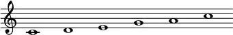 \relative c' {\override Score.BarLine.stencil = ##f \override Score.TimeSignature.stencil = ##f c1 d e g a c}