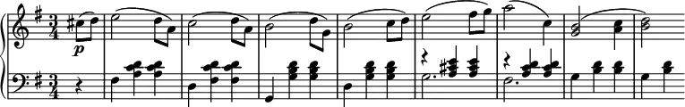 
\new PianoStaff <<
\new Staff{ \key e \minor \time 3/4 \set Score.tempoHideNote = ##t \tempo 2. = 56 \relative c' { \partial 4 cis'8(\p d) e2( d8 a) c2( d8 a) b2( d8 g,) b2( c8 d) e2( fis8 g) a2( c,4) <g b>2( <a c>4 <b d>2) } }
\new Staff{\clef bass \key e \minor \time 3/4 \partial 4 \relative c {r4 fis4 <a c d> q d, <fis c' d> q g, <g' b d> q d <g b d> q 
<<
{r4 <a cis e> q r <a c d> q }
\\
{g2. fis}
>>
g4 <b d> q g <b d>}}>> 
