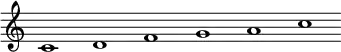 \relative c' {\override Score.BarLine.stencil = ##f \override Score.TimeSignature.stencil = ##f c1 d f g a c}